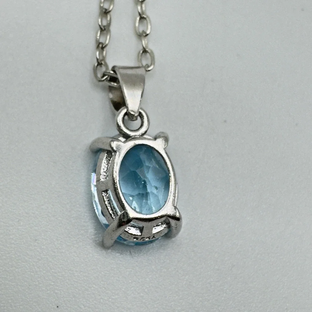 Sterling Silver Blue Topaz Pendant Necklace Feminine Dainty Plated Brass Chain - Picture 4 of 9